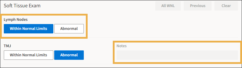 Soft Tissue Exam screen with yellow highlight boxes around Lymph notes and Notes.